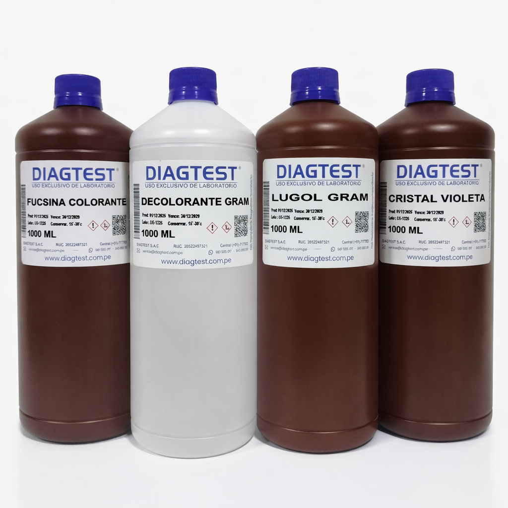 Batería GRAM (Decolorante, C.Violeta, Lugol, Fucsina Básica)